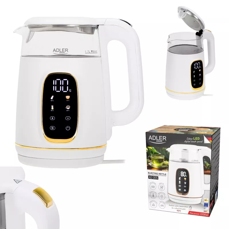 Electric kettle Adler AD 1305WG — 1.7 L, 2200 W, glass/plastic, white/gold/transparent