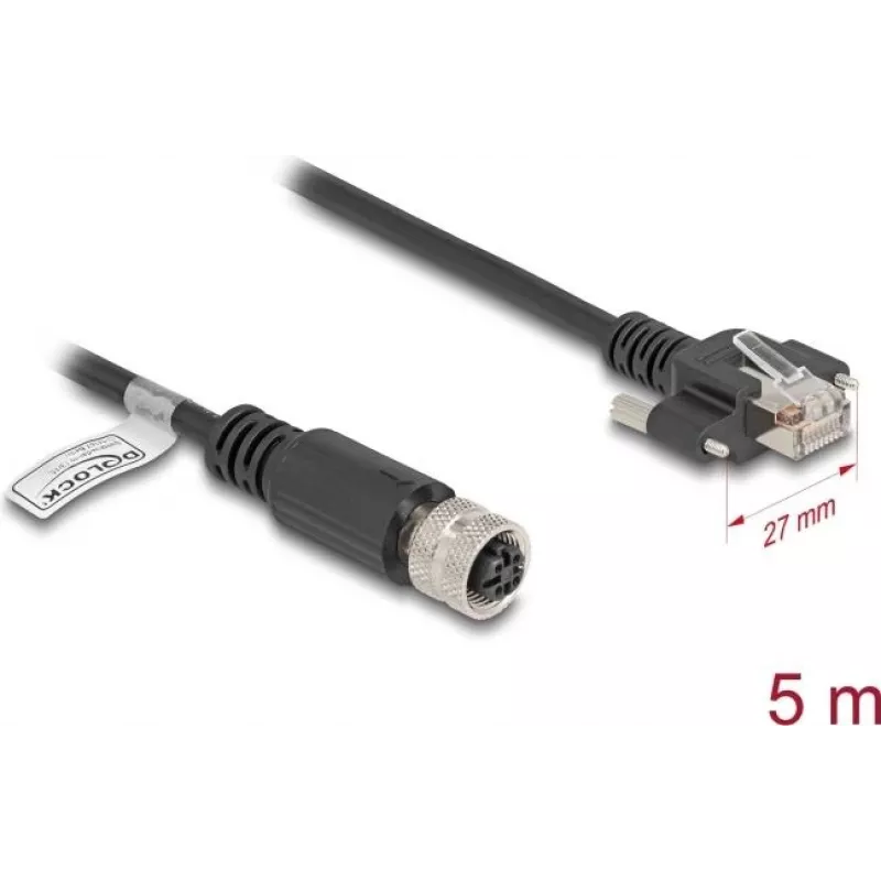 Network Cable DeLOCK M12 Cable D-coded 4 pin female to RJ45 plug Cat5e 5m Black