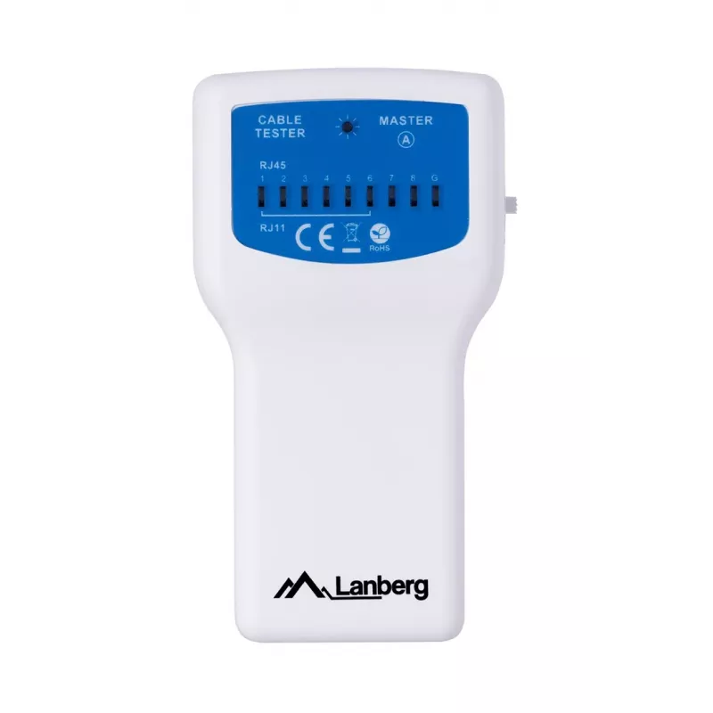 PoE tester LANBERG NT-0402 — PoE network cable tester with RJ-45/RJ-11 support, LED indicators, power LED, on/off switch
