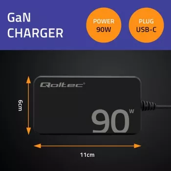 Qoltec 90W GaN Super Fast SLIM Wall Charger | XP | 5-20V | 4.5A | USB-C 3.1 | Laptop | MacBook | Smartphone | + cable