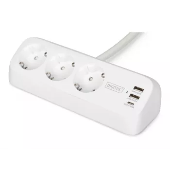 Power strip DIGITUS 3-way with 2×USB-A and 1×USB-C, 3 AC outlets Type E/F, 1.5 m cable, white