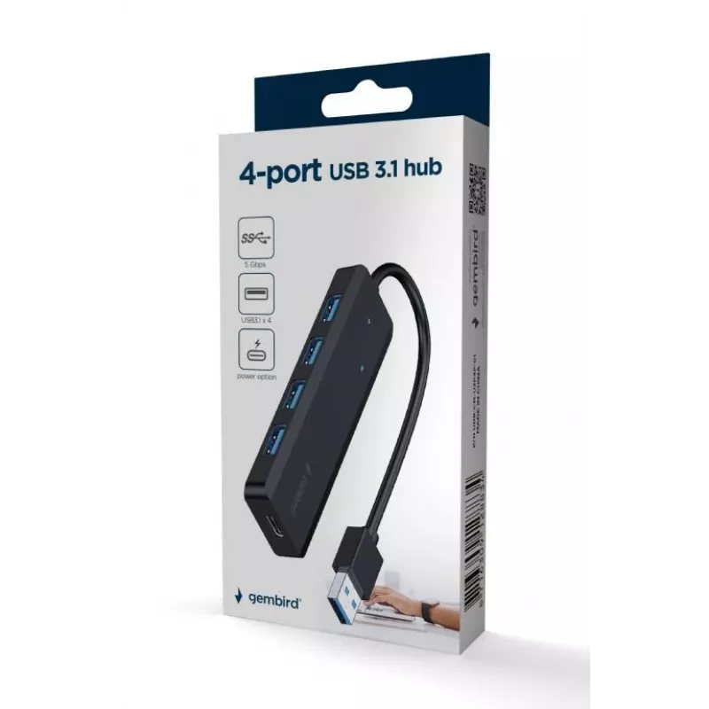 USB hub Gembird 4-port USB 3.1 (Gen 1) — 4 ports, USB 3.2 Gen 1 Type-A, 5V/2.1A, 109×30×10 mm, black