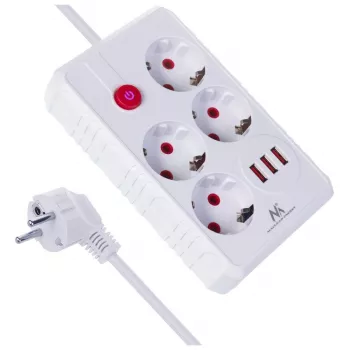 Power strip MACLEAN MCE392 W — 4 F sockets, 3×USB A, 110–240V, 2.1A max, 2500W, 1.5 m cable, white