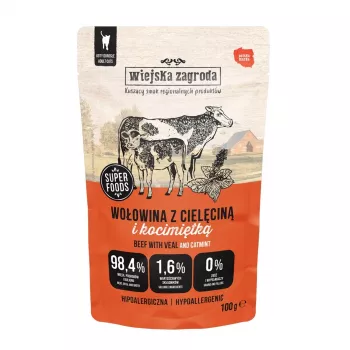Wet cat food wiejskazagroda Beef with Veal and Catnip Adult 100 g, 75% moisture, 10.8% protein, 9% fat