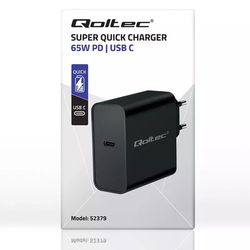 Charger QOLTEC Super Quick PD 65W USB‑C Power Delivery 5–20V, 1x USB‑C, USB PD 3.0, Type C plug, 65 W
