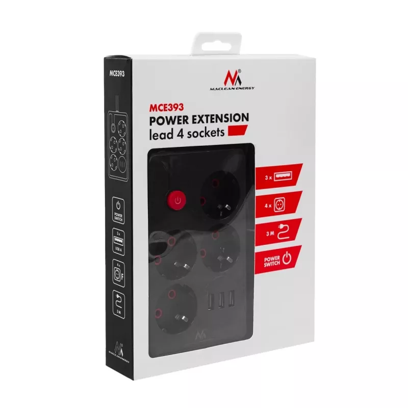 Power strip MACLEAN MCE393 B — 4 sockets, 3×USB, 110–240V, 2500W, 3 m cable, black