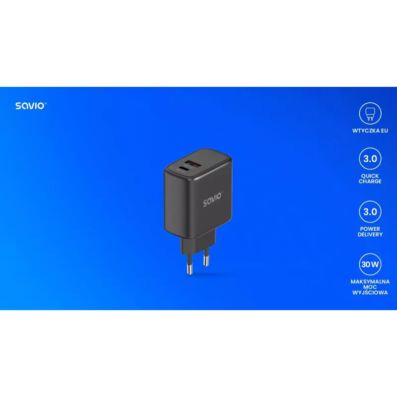 SAVIO LA-06/B 30W Wall Charger, USB-A + USB-C, Quick Charge, Power Delivery 3.0, Black