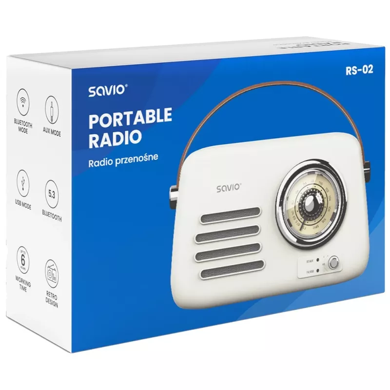 Portable radio SAVIO RS-02 — analog FM tuner, Bluetooth 5.3, USB power, 3 W, white
