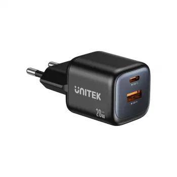 Wall charger Unitek P1128ABK01-EU — 2-port GaN USB‑C & USB‑A, total 20W, black
