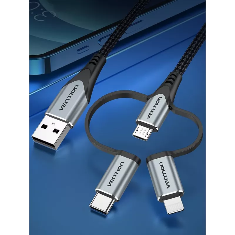 Vention USB 2.0 A Male to 3-in-1 Micro-B&USB-C&Lightning Male Cable 1M Gray Aluminum Alloy Type