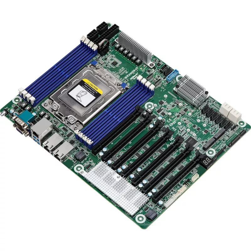 ASRock WRX80D8-2T ATX server motherboard, AMD WRX80 chipset, Socket sWRX8, 8x DDR4 DIMM, 12x SATA III, 3x RJ-45
