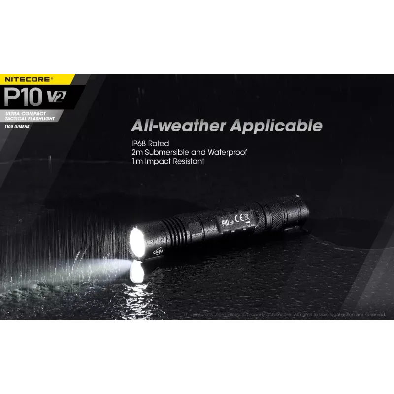 Tactical flashlight Nitecore P10 V2 — 1000 lm, IP68 waterproof, shockproof, 95 g, 18650/CR123 compatible