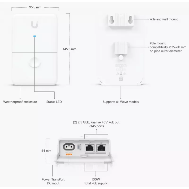 Ubiquiti UISP Dual-Power Injector 2.5 Gigabit Ethernet 48 V