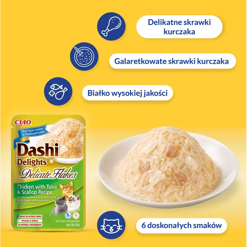 Wet cat treat INABA Dashi Delights Delicate Flakes Chicken 40 g — dietary, 86% moisture, 12% protein