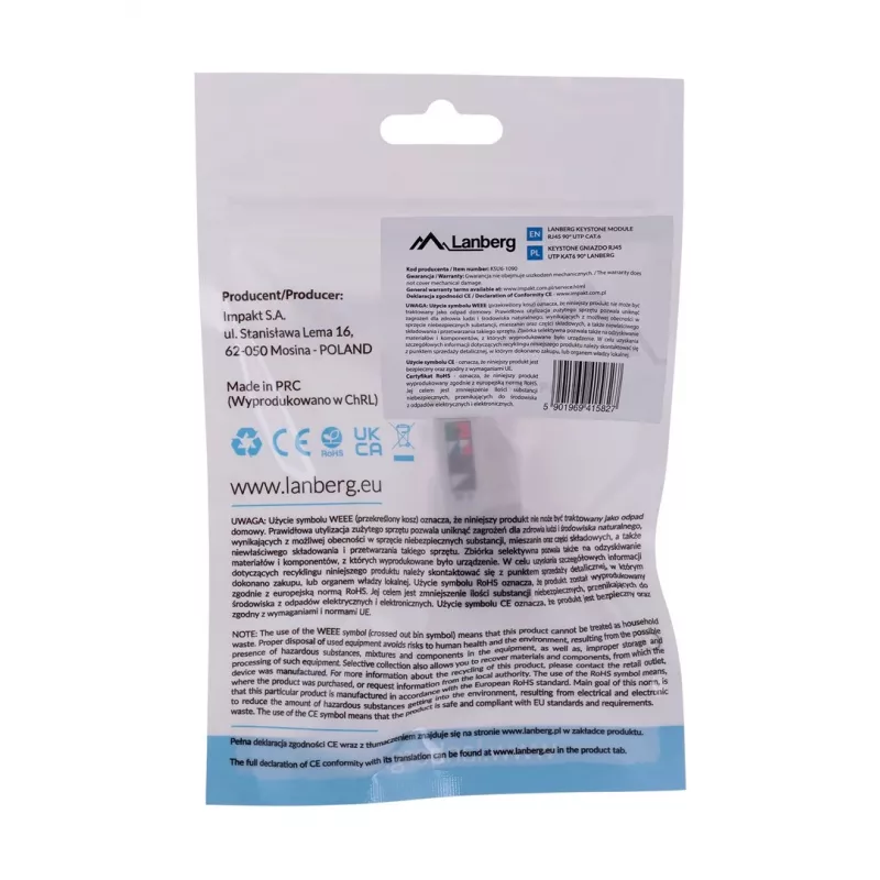 Keystone module LANBERG KSU6-1090, Cat6 U/UTP flat, RJ-45 male to LSA female, AWG 22/26, 14.5×16.1 mm, white