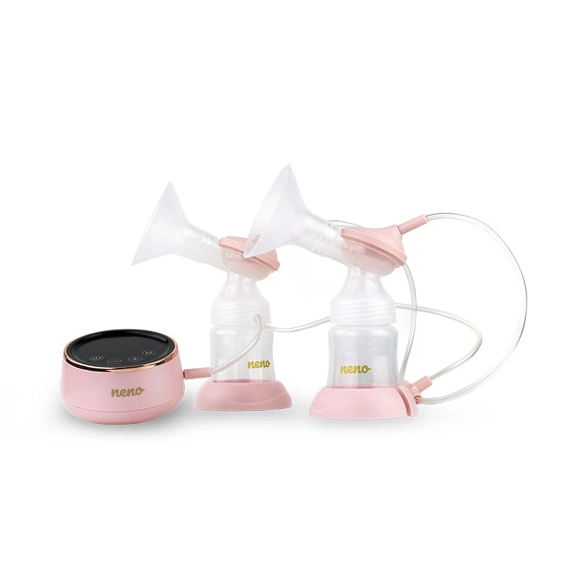 Electric breast pump neno Bella Twin — electronic, 150 ml bottles, 6 stimulation / 9 suction levels, USB Li‑Ion battery, pink/transparent