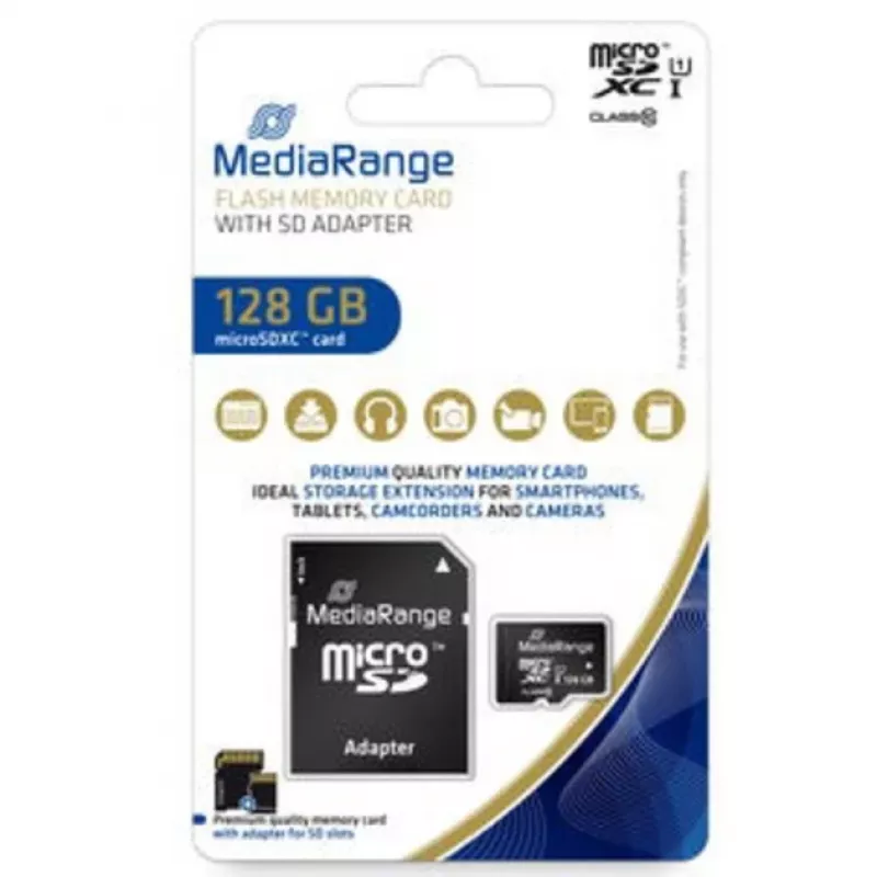 MediaRange MR945 - Flash Memory Card (microSDXC-an-SD-Adapter inbegriffen) - 128GB - UHS-I / Class10 - microSDXC - Black (MR945)