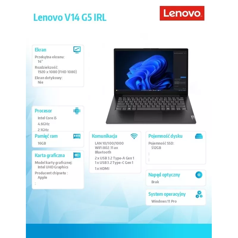 Laptop Lenovo V14 G5 83GU008FPB — Intel i5-13420H, 16GB RAM, 512GB SSD, 14.0 inch FHD, Windows 11 Pro, Business Black, 3YR OS+1YR CI