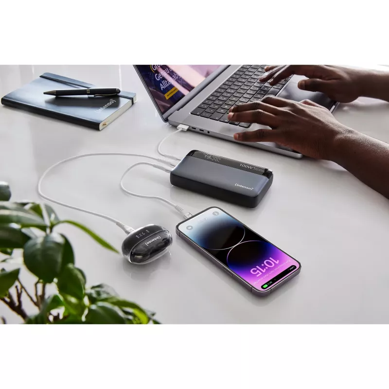 Power bank INTENSO 7350050 — 20000 mAh, 1× USB-A + 2× USB-C, 100 W total output, black/grey