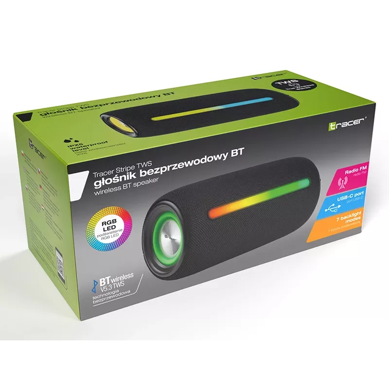 Stereo portable speaker TRACER Stripe Black — 10 W RMS, Bluetooth/Wired, USB-A & USB-C, MicroSD, built-in battery (up to 5 h)