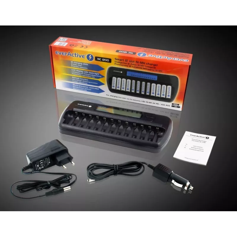 Battery charger everActive NC-1200 — universal 12-battery charger for AA/AAA, 12 V input, black