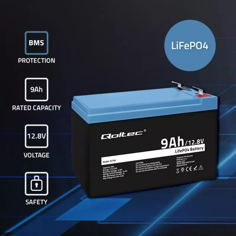 Battery LiFePO4 Lithium Iron Phosphate 12.8V 9Ah 115.2Wh