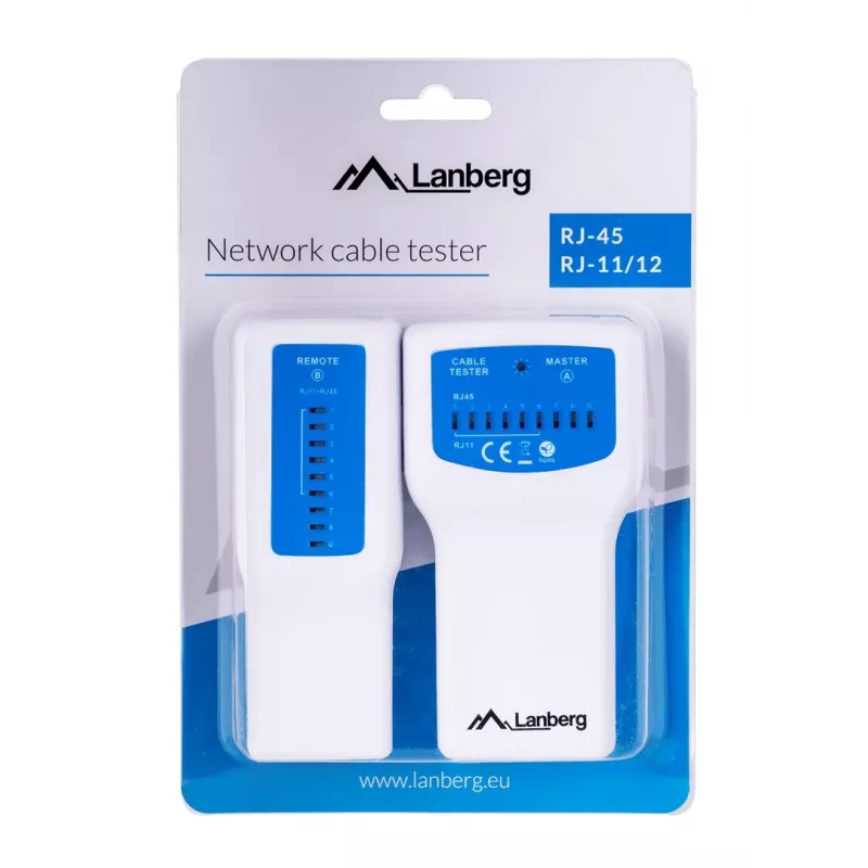 PoE tester LANBERG NT-0402 — PoE network cable tester with RJ-45/RJ-11 support, LED indicators, power LED, on/off switch
