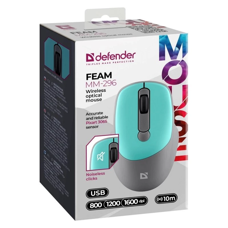 Wireless mouse DEFENDER Silent Click C Mint 52294 — ambidextrous, 1600 DPI, 2.4 GHz nano USB