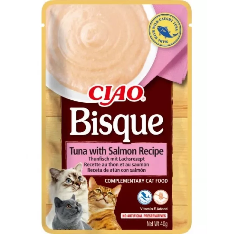 Wet cat treat INABA Ciao Bisque Tuna with Salmon 40 g — fish-flavored liquid sachet, 86% moisture, 8% protein