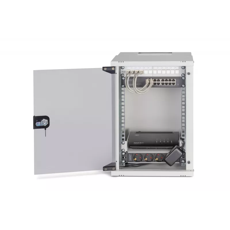 DIGITUS SOHO PRO 9U 10 inch Wall-Mounted Network Cabinet Kit, Grey, 315x300mm, with Switch, Patch Panel, Cables