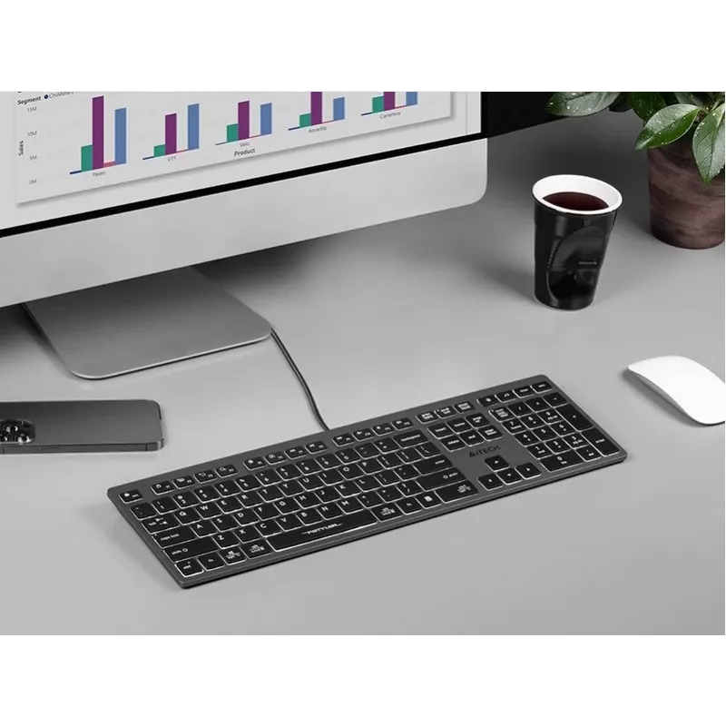 Wired A4Tech keyboard FX60H USB QWERTY — full-size 100%, backlit white, grey, USB hub