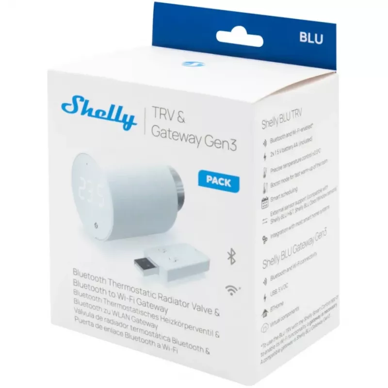 Thermostatic radiator valve kit Shelly Heating Control BLU TRV + BLU Gateway Gen. 3 — M30×1.5, Wi‑Fi, AA batteries, 78 mm height