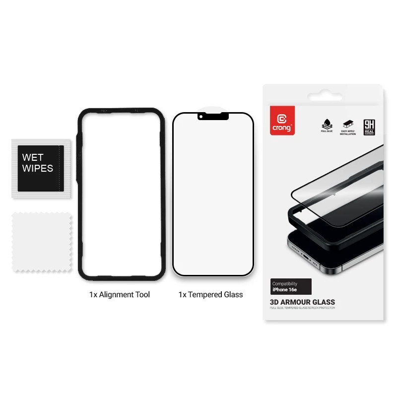 Tempered glass screen protector Crong for iPhone 16e / 14 / 13 / 13 Pro — 3D full coverage
