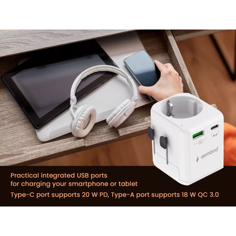 Travel power adapter GEMBIRD TPA-EU1A1C20-01-W 20W, USB-A 18W + USB-C 20W, Schuko socket, input 100–250V
