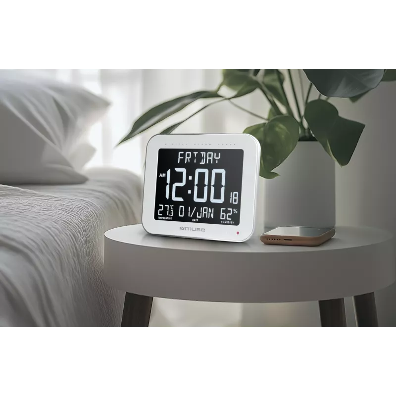 Digital wall/table clock muse M-090 WMC — Rectangle LCD, 220×177.5×24.5 mm, battery/DC 4.5V