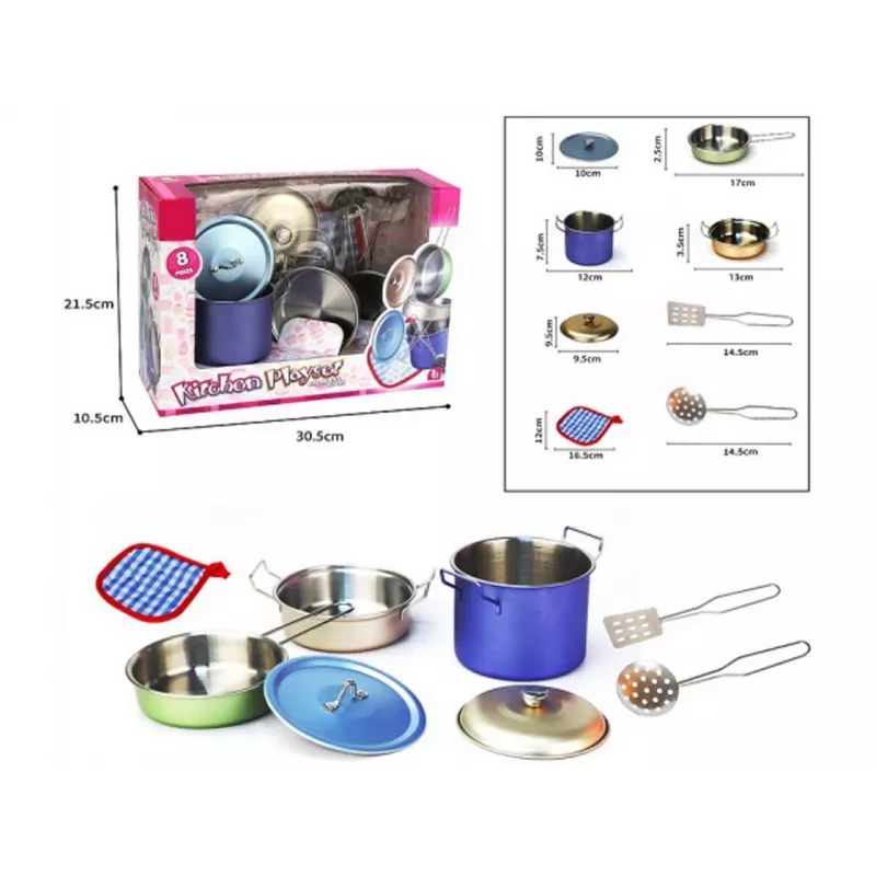 Metal kitchen set 8 pieces by Madej — toy metal cookware and utensils, play kitchen accessories