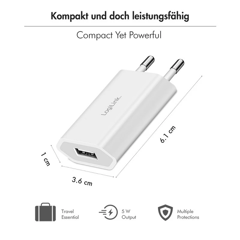 USB-A socket adapter, 5W ,5V/1A, 1xUSB-A white