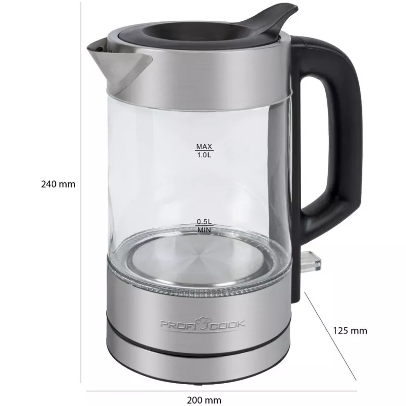 ProfiCook PC-WKS 1229 G electric kettle 1 L 1600 W Stainless steel, Transparent