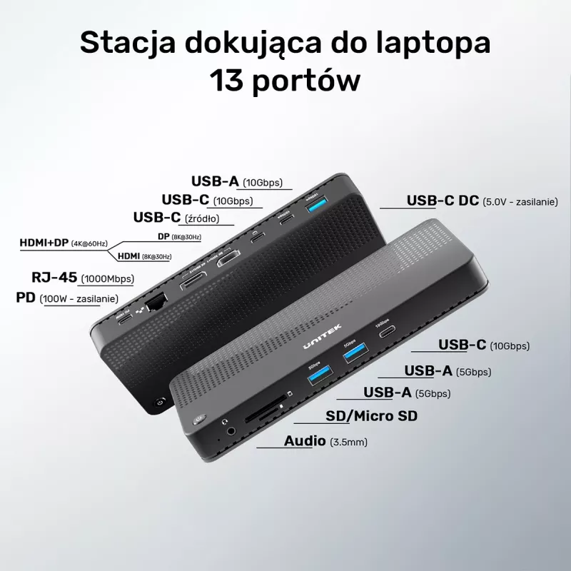 Docking Station UNITEK D1079A USB4 Wired Black 100W Power Delivery
