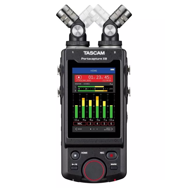 Portable multi-track audio recorder Tascam Portacapture X8 — 6‑channel, 24/32‑bit, up to 96 kHz, 4 XLR/TRS combo inputs, SD card, USB‑C, battery or mains