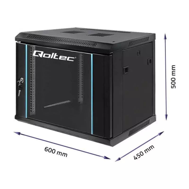 Qoltec 54463 19-Inch Rack Cabinet 9U 600x500x450 mm Wall-Mount Steel Enclosure with Glass Door, Black