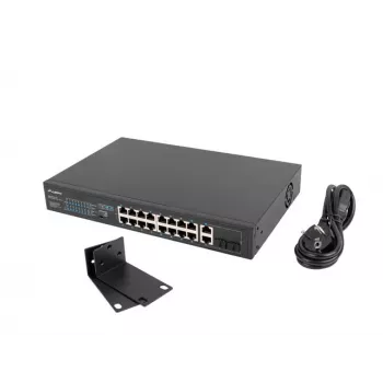 Unmanaged switch LANBERG RSFE-16P-2C-150 — 18-port Gigabit, 16 PoE+/2 SFP, 150 W total, 1U rack, metal, black