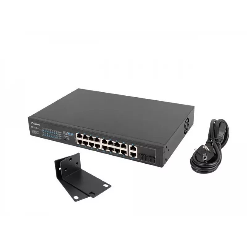 Unmanaged switch LANBERG RSFE-16P-2C-150 — 18-port Gigabit, 16 PoE+/2 SFP, 150 W total, 1U rack, metal, black