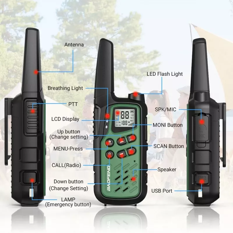 Handheld walkie-talkie Baofeng BF-T25E — 16 channels, 2×1400 mAh Li‑Ion, VOX, LCD, green, set of 2