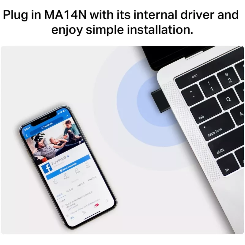 USB Wi‑Fi Adapter MERCUSYS MA14N — USB Type‑A, 2.4 GHz Single‑Band, up to 287 Mb/s, Black