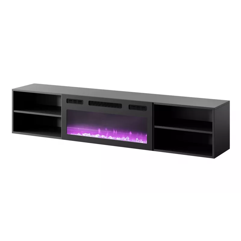 TV cabinet Cama Meble POLO 180x33x39 cm with electric fireplace 1400–1600 W, black, 2 shelves, laminate