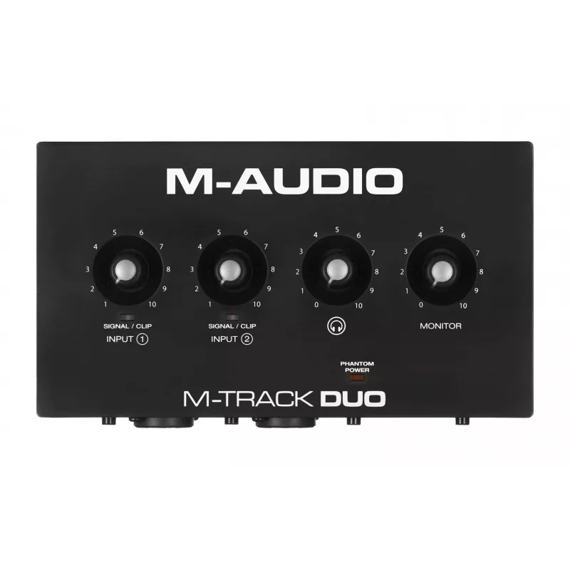 Audio interface M-Audio M-Track Duo — USB 2-in/2-out, 16-bit/48 kHz, 1x XLR/TS combo, 1x instrument input, phantom 48V