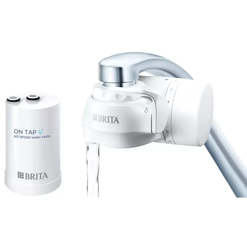 Faucet water filter BRITA ON TAP V CU CE2 (1052067) — 4-stage, 600 L capacity, 3 modes, 5 adapters, white