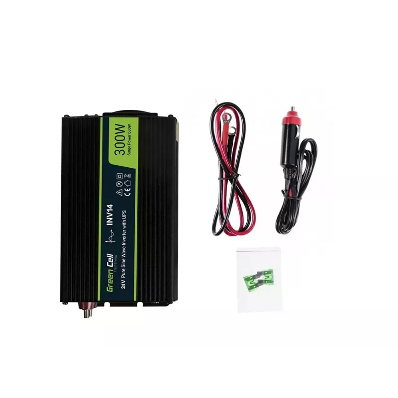 Power inverter Green Cell INV14 300W DC 24V to 230V with USB, Type E plug, active cooling