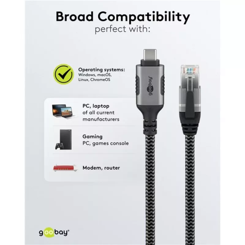 Ethernet-Cable USB-C 3.2 Gen2 Plug > RJ-45 Plug (black/Silver, 5 Meter, braided textile jacket)